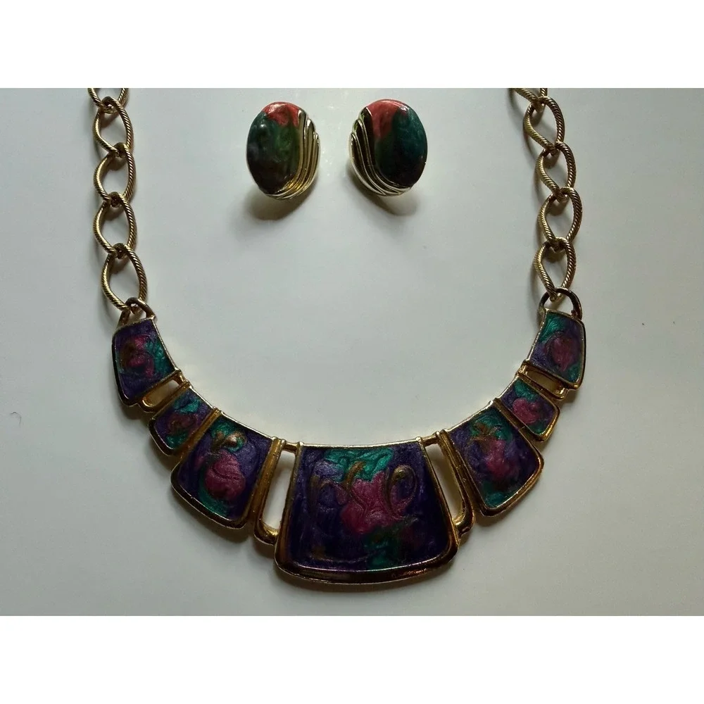Vintage 80s Statement Tie Dye Necklace And Matching Earrings‎ Gold Tone Rainbow